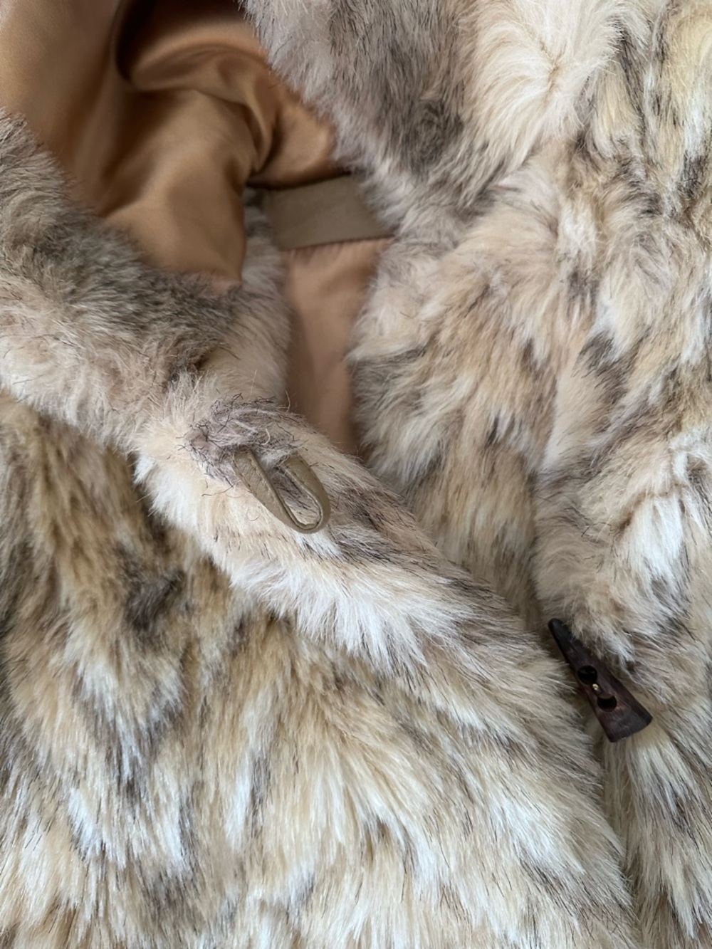 Vintage Faux Fur Coat Hooded Brown Tan Women’s S Toggle Jacket - Picture 4 of 11